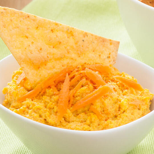 Baked Garden Vegetable Tortilla Chips with Roasted Carrot Hummus